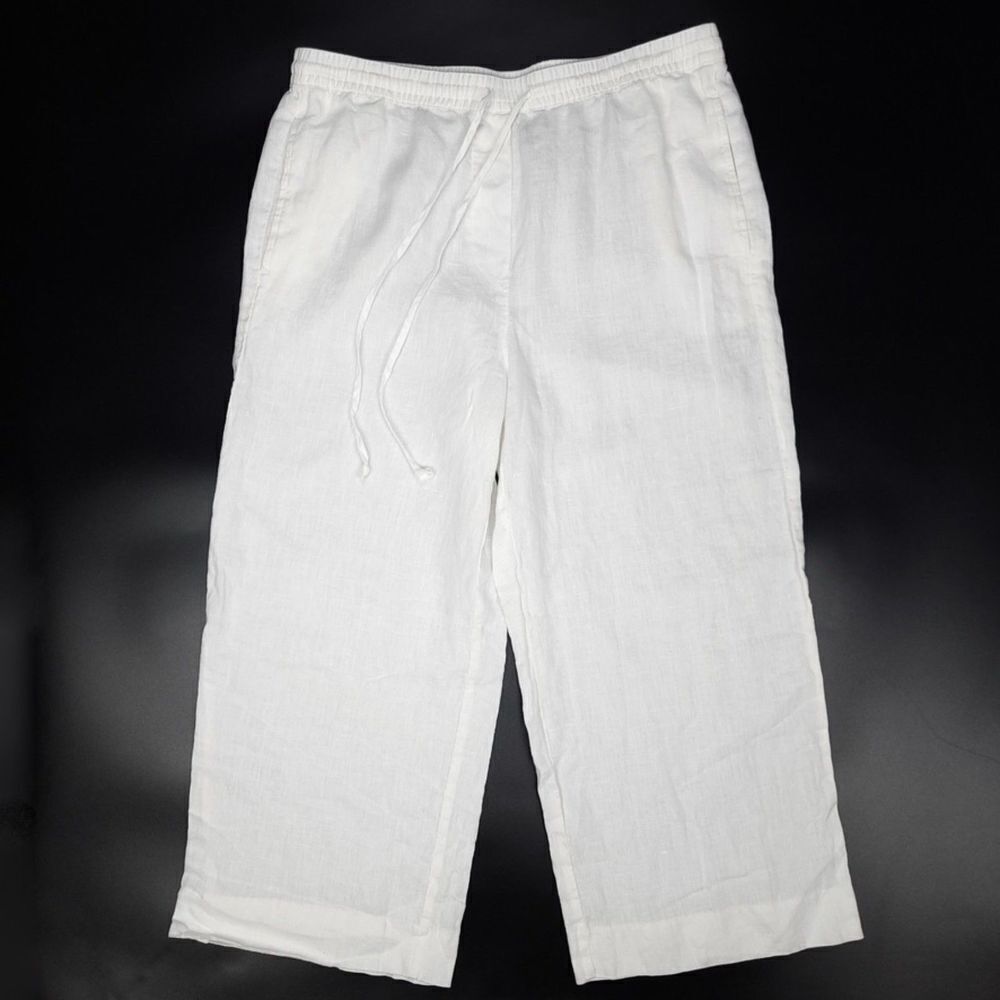 DKNY Pure 100% Linen Drawstring Wide Leg Cropped Pants Womens Medium Ivory White